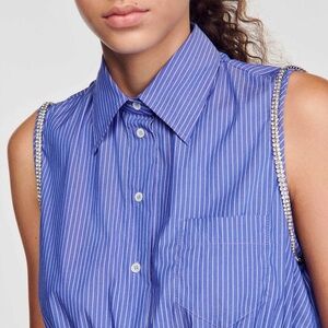 Sandro Navy Striped Button-Down Sleeveless Shirt